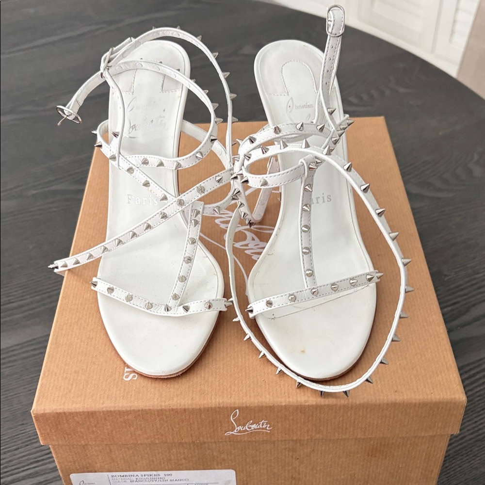 Christian Louboutin White Spike-Trim Strappy Sandals